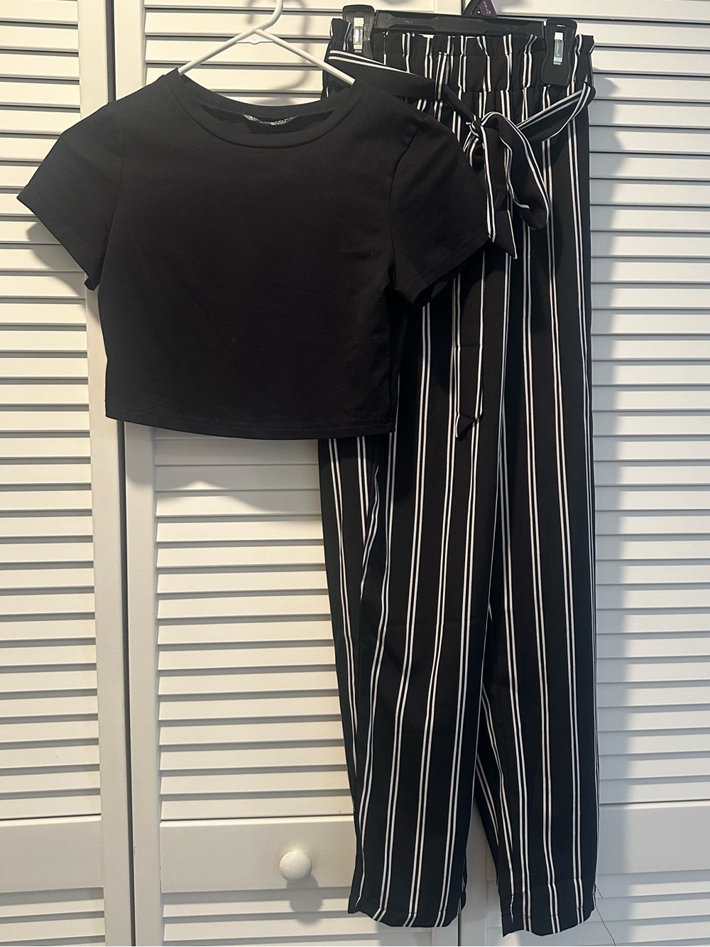 SHEIN Black & White Vertical Stripe Wide Leg Pants with crop top tee